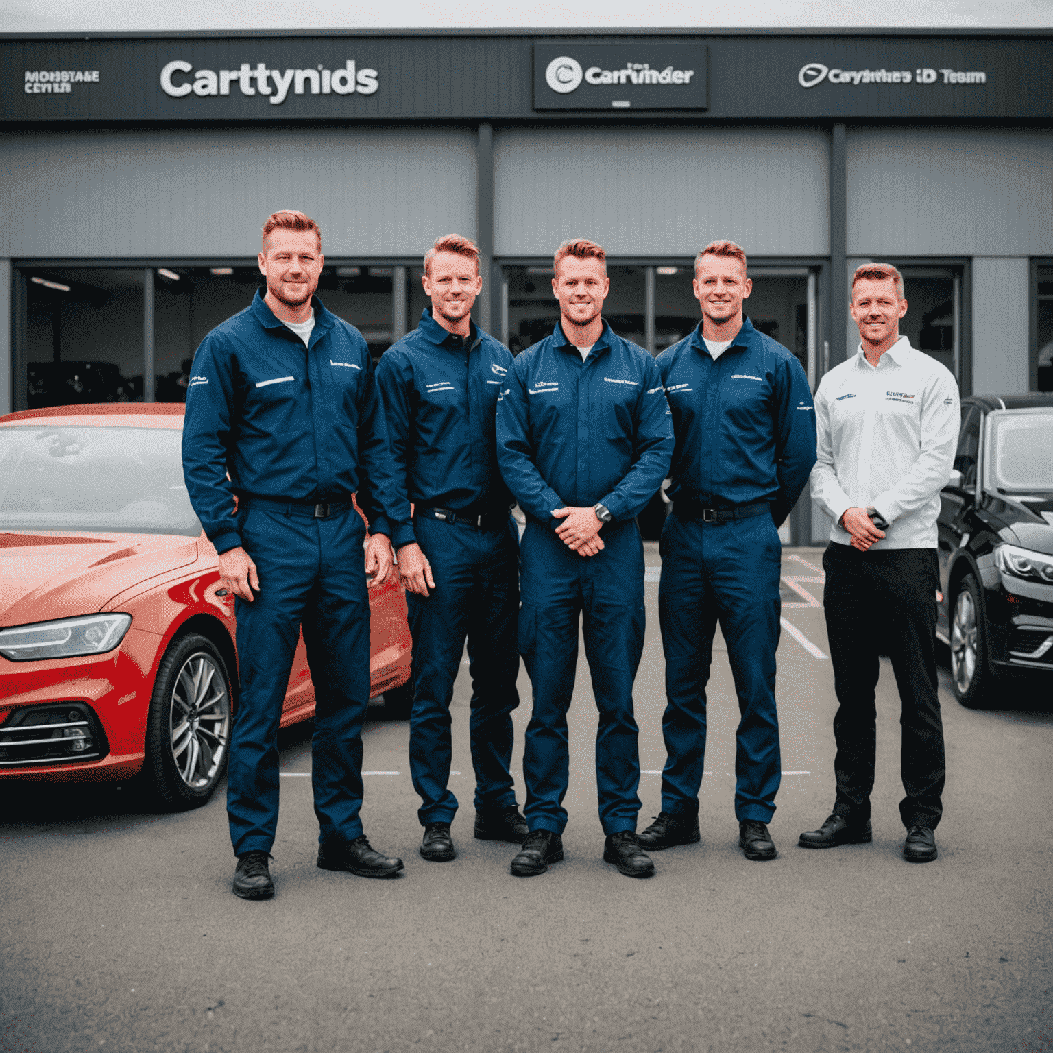 The Cartynedrs team standing in front of their modern car service center in Oslo, Norway. The image shows a group of professional technicians in clean, branded uniforms, with a backdrop of a spacious, well-equipped garage with several car lifts and diagnostic equipment visible.