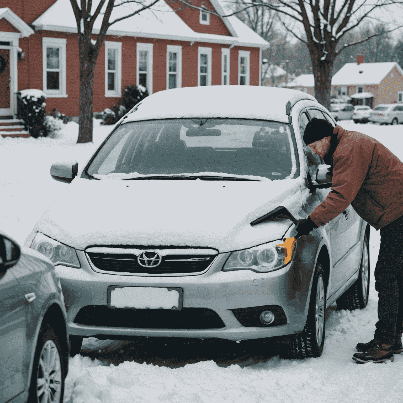 A car covered in snow, with a person scraping ice off the windshield. Tools for winter car maintenance are visible in the foreground.