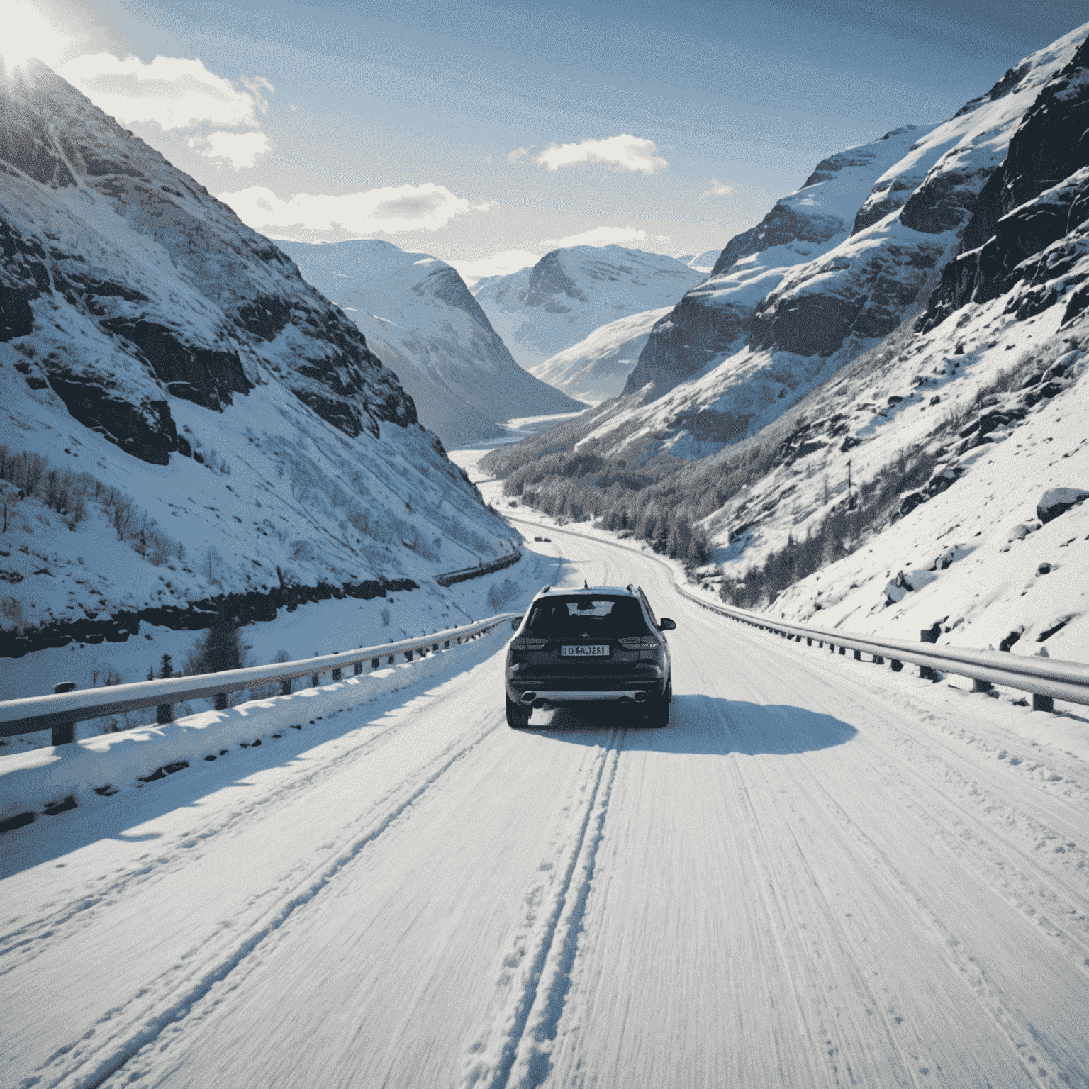 A car driving through a snowy Norwegian landscape, demonstrating winter driving conditions