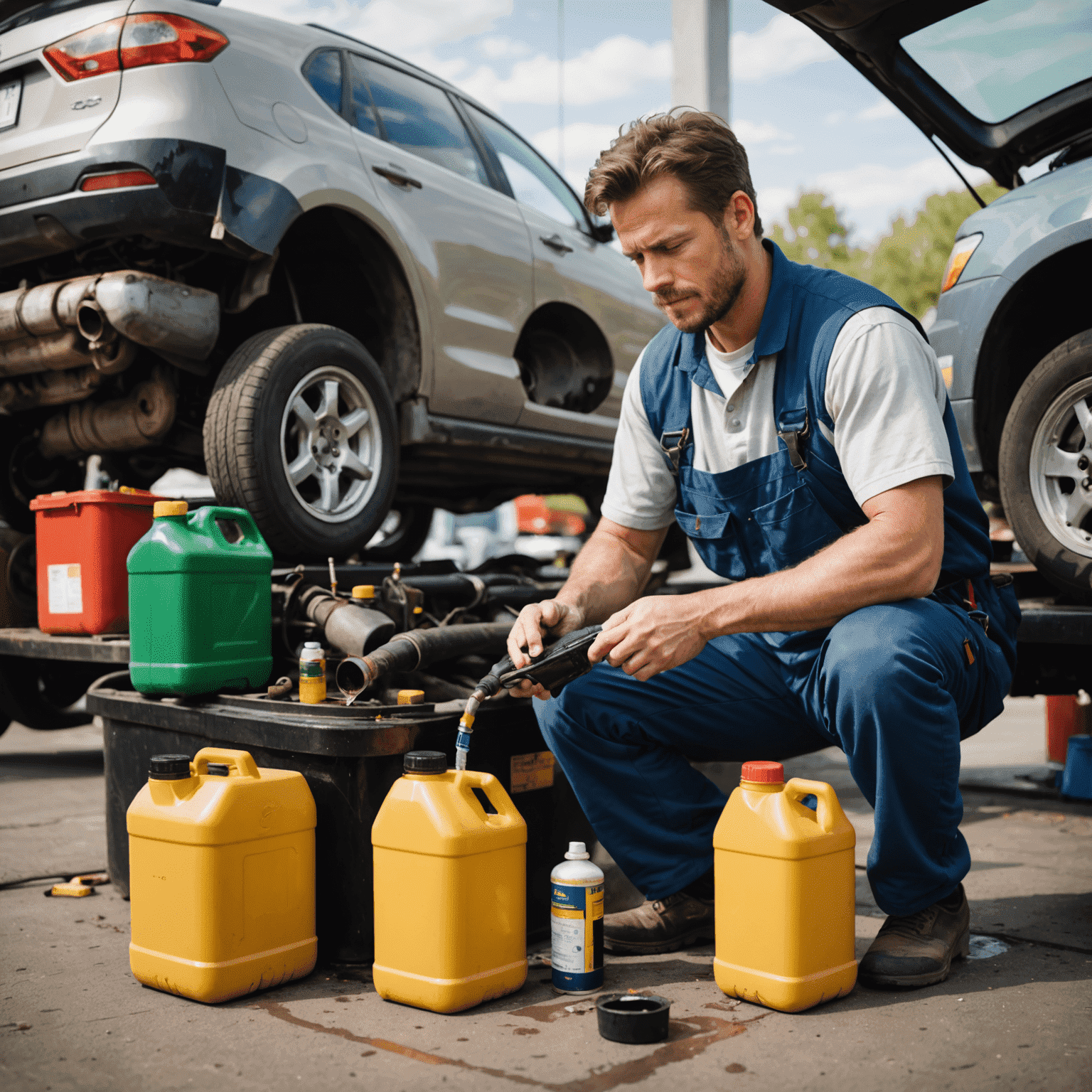 A mechanic performing an oil change on a car, with old and new oil containers visible