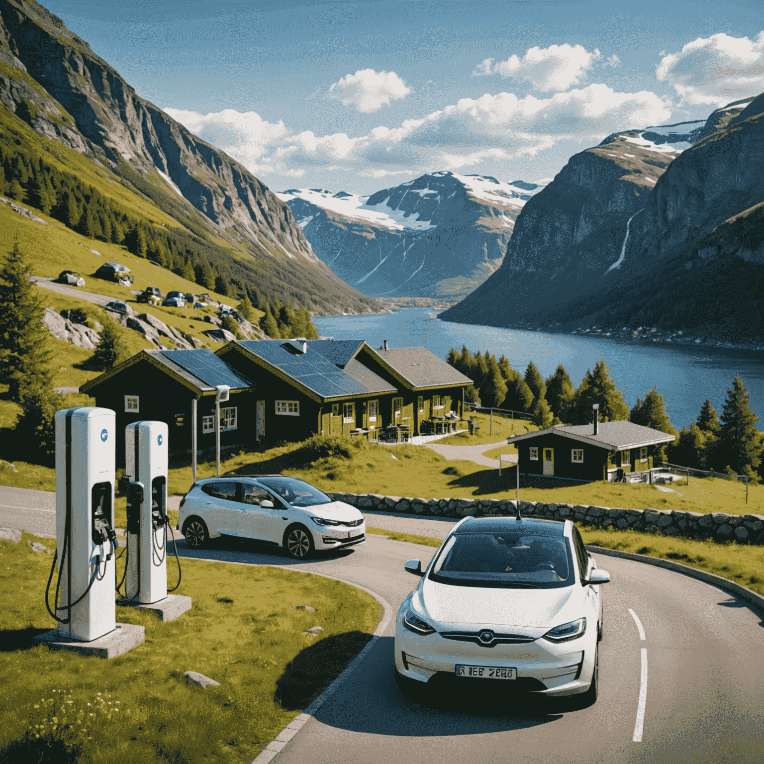 A Norwegian landscape with electric cars and charging stations, showcasing eco-friendly car care practices