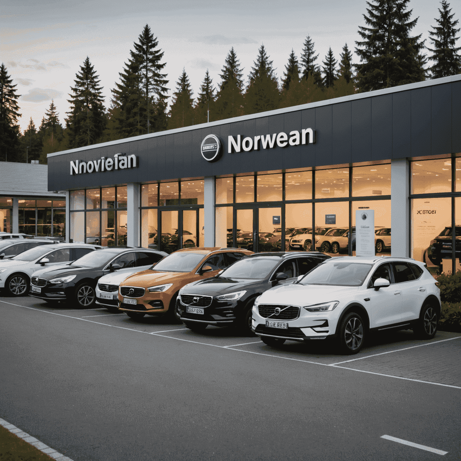 A Norwegian car dealership showroom with various car models on display and a large warranty sign prominently featured