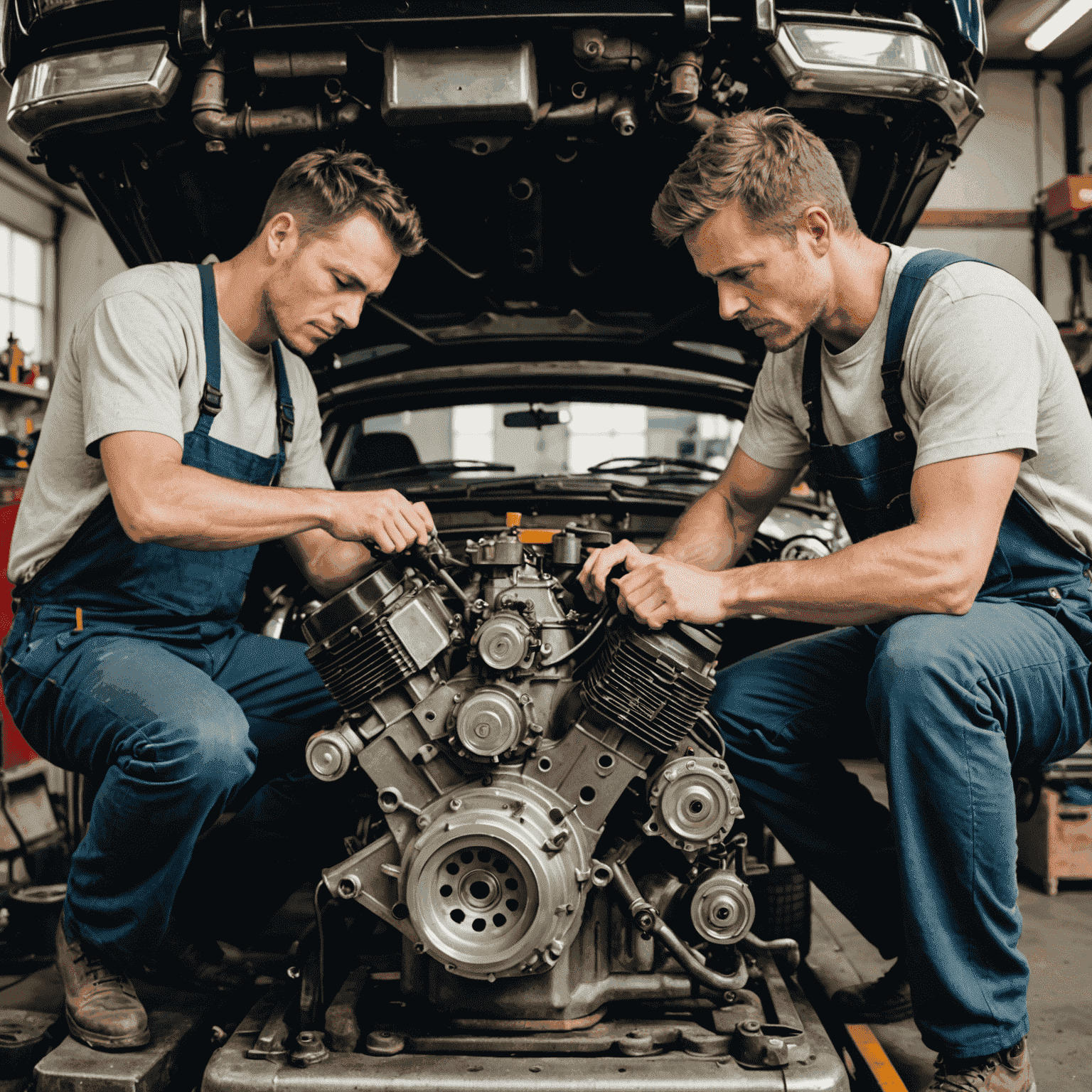 A split image showing a person working on a car engine at home on one side, and a professional mechanic in a garage on the other side