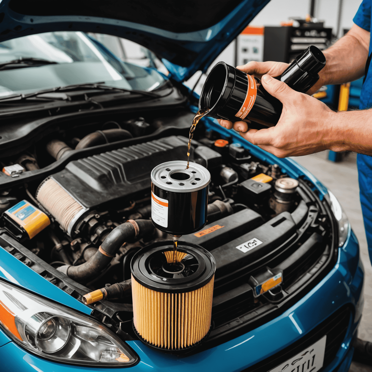 A mechanic performing an oil change on a car. The image shows an oil filter, fresh oil being poured, and tools specific to oil changes.