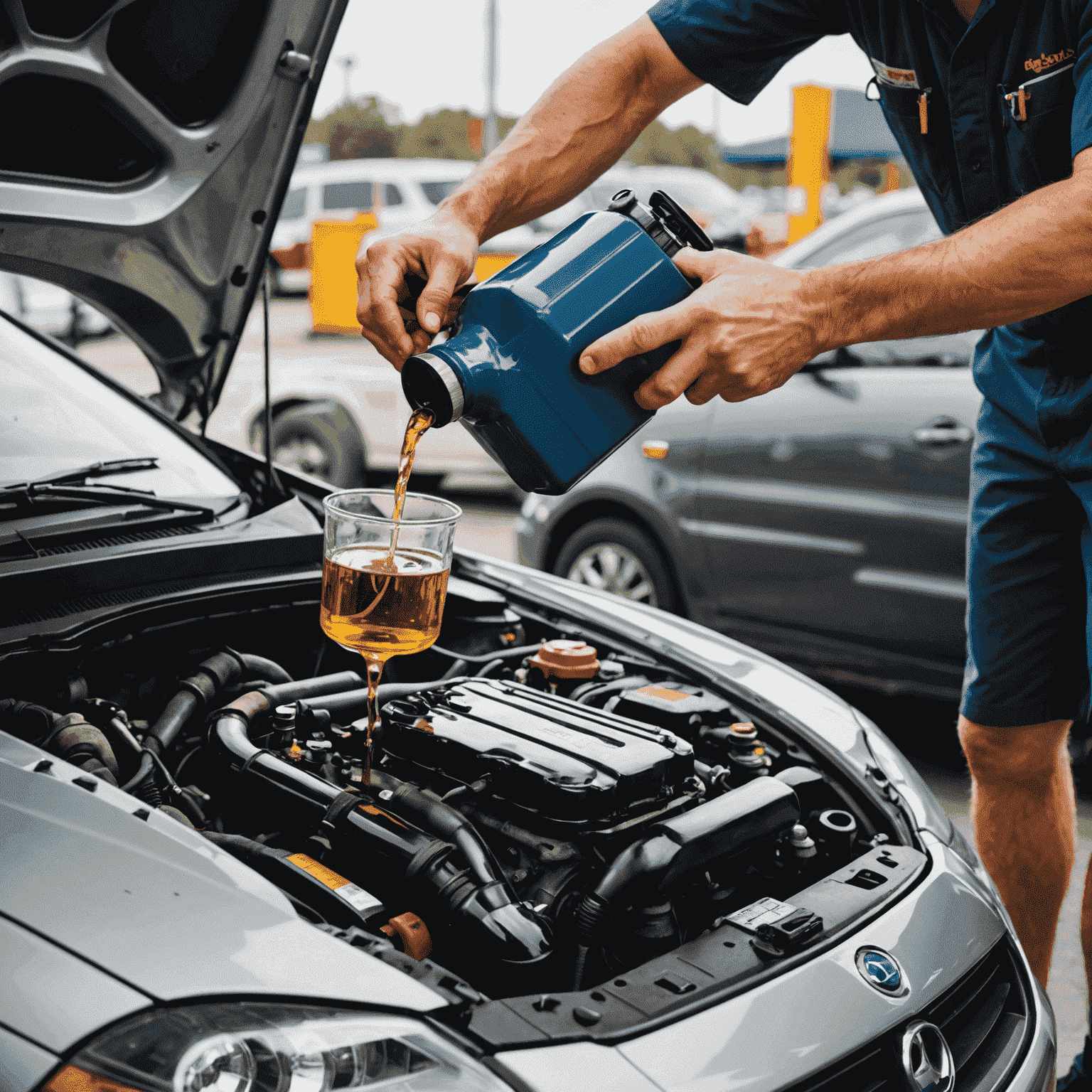 A mechanic performing an oil change on a car, with fresh oil being poured into the engine.