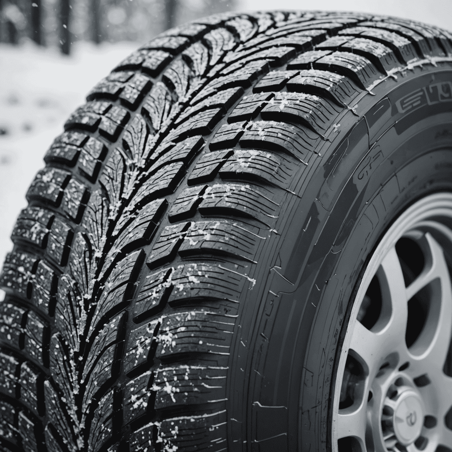 Close-up of a car's winter tire, showing the deep treads designed for snow and ice