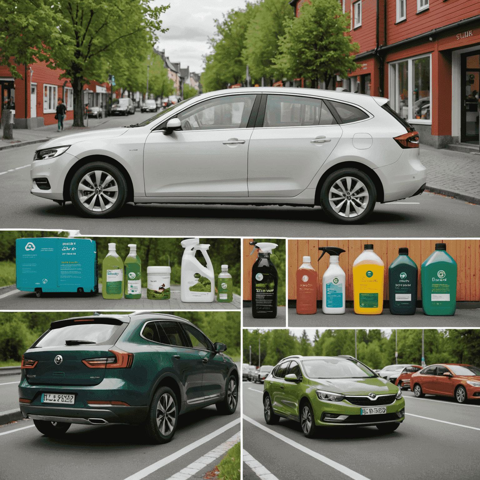 A collage showing eco-friendly car care products, proper fluid disposal methods, and sustainable commuting options in Norway