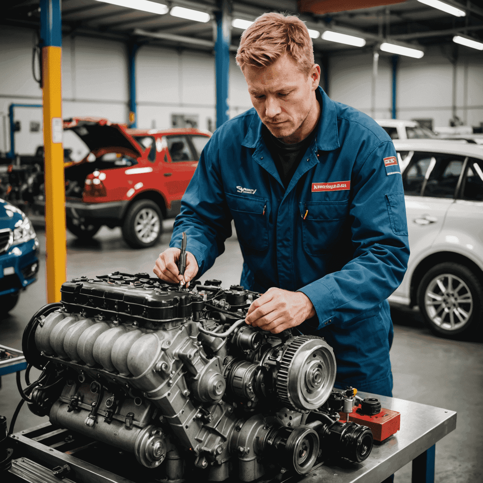 A mechanic in a Norwegian car service center inspecting a vehicle engine, with warranty documents visible on a nearby workbench