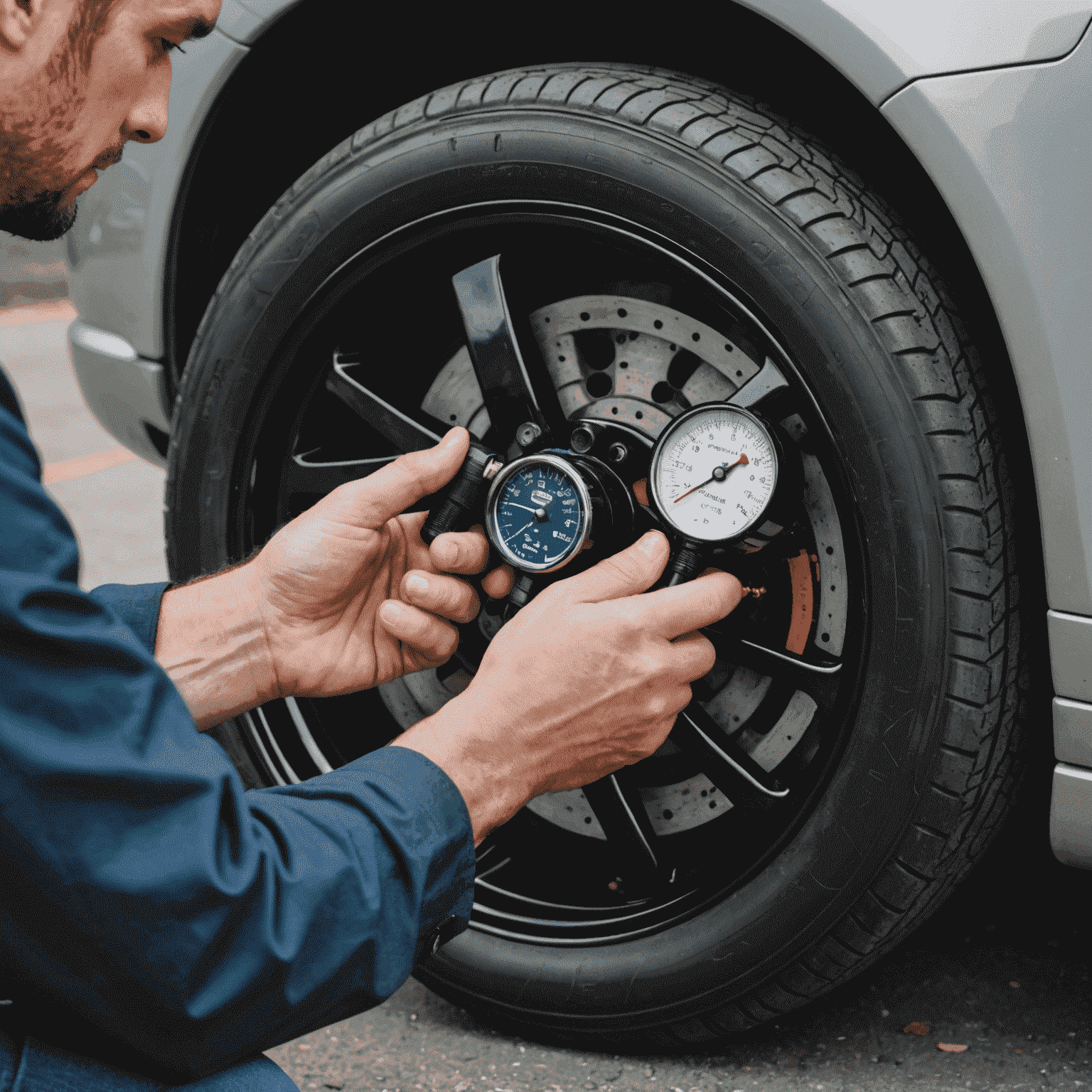 A person checking tire pressure with a pressure gauge