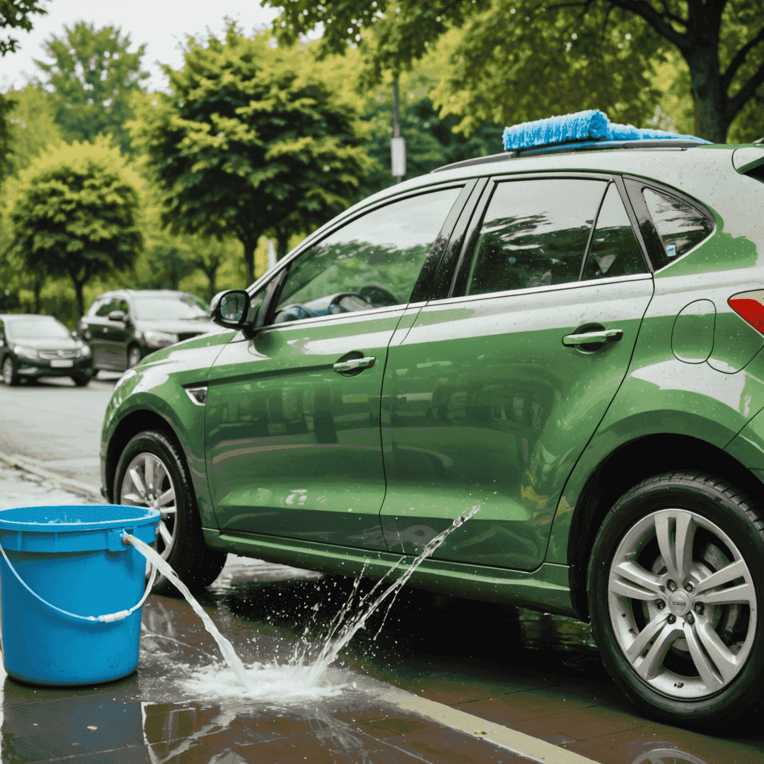 A car being washed with eco-friendly products. The image shows biodegradable cleaning solutions, a water-saving nozzle, and recycling bins for used car parts.