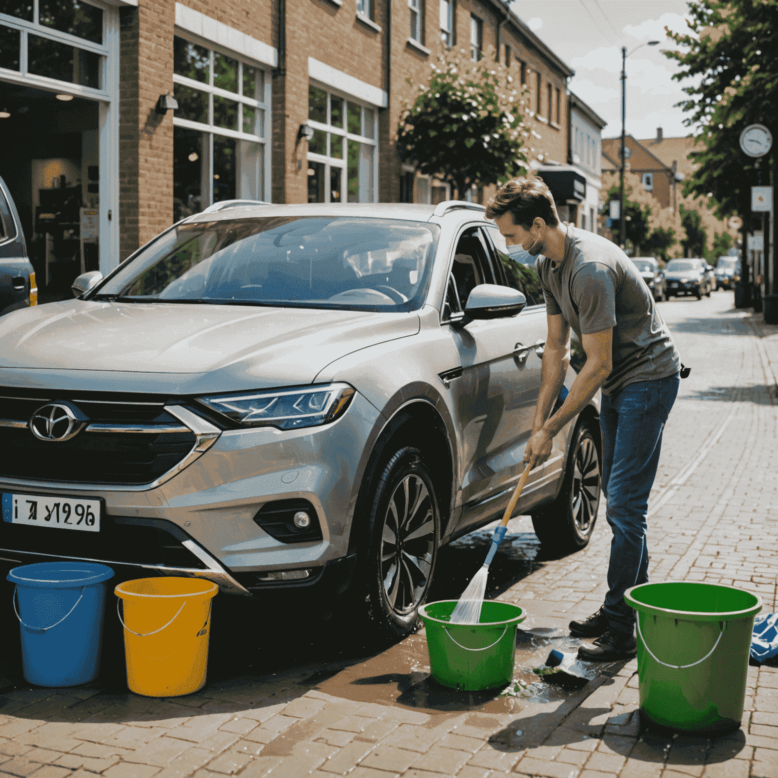 A person washing a car using eco-friendly products, with recycling bins and energy-efficient tools visible nearby.