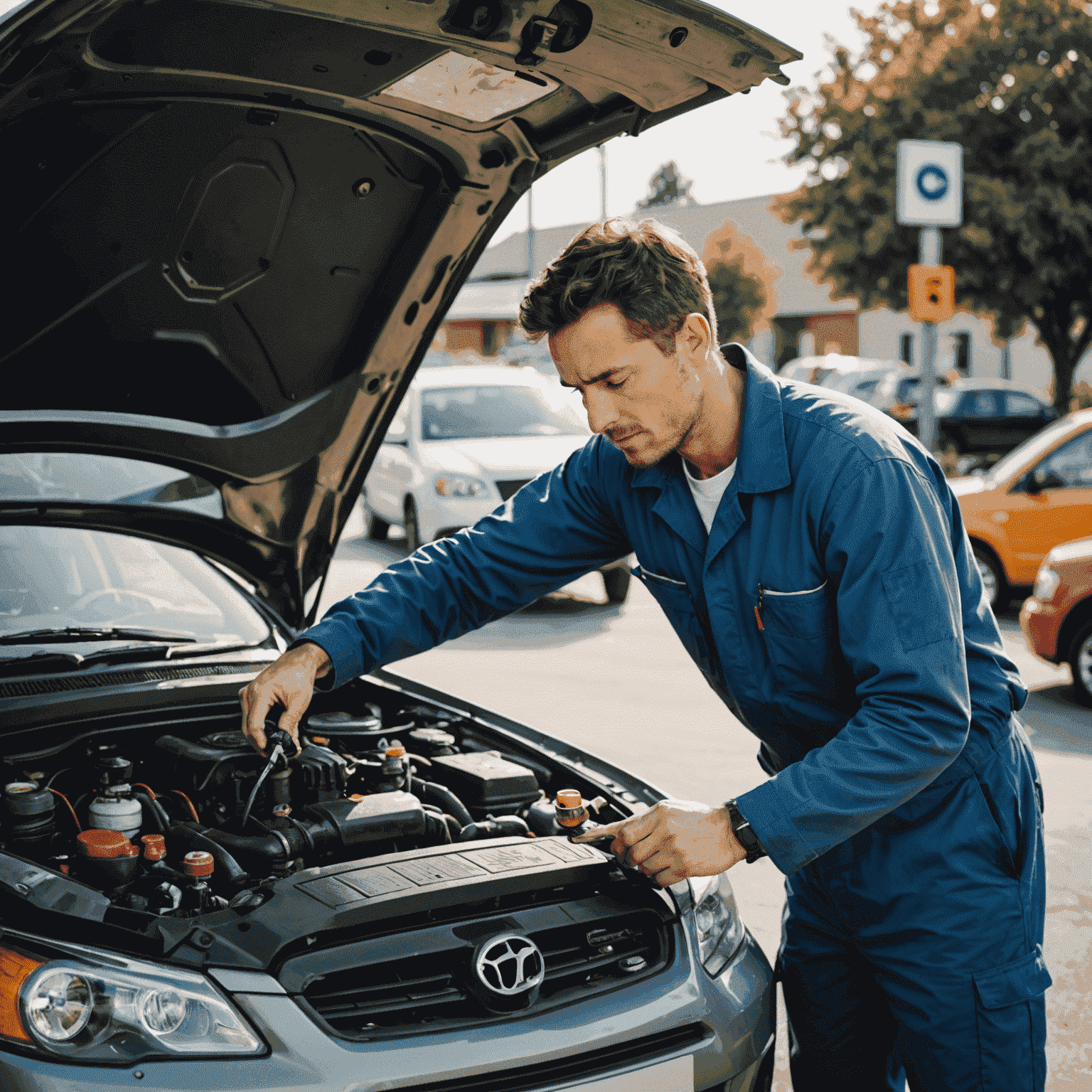 A mechanic checking and topping up various fluids under a car's hood