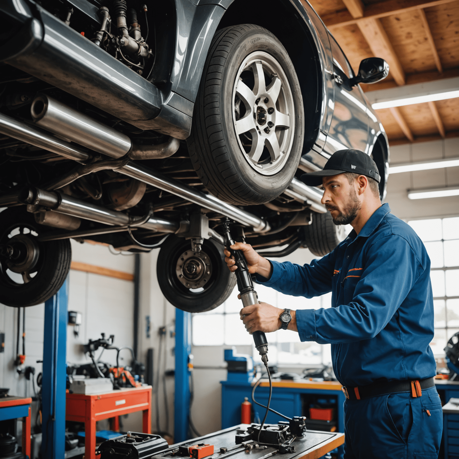 A professional mechanic working on a car's suspension system in a garage