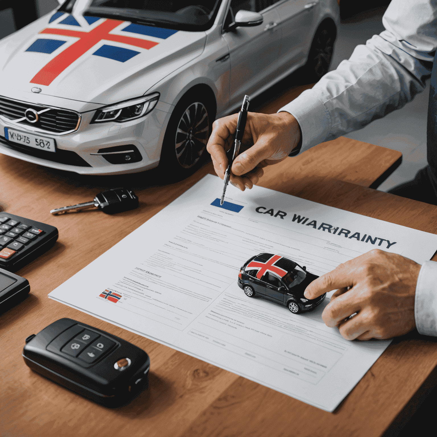 A person reading through car warranty documents, with a Norwegian flag and car keys visible on the desk.