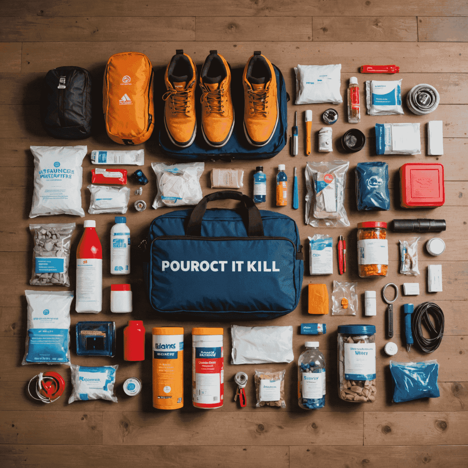 An organized winter emergency kit for a car, displaying essential items for cold weather preparedness