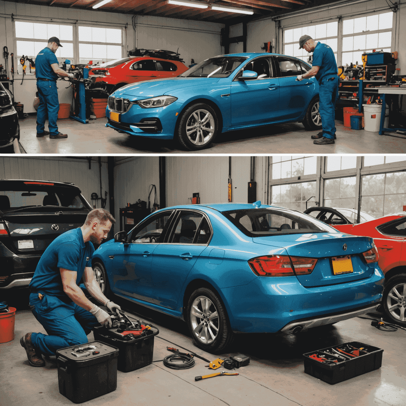 Split image: on one side, a person working on their car at home; on the other, a professional mechanic in a garage.